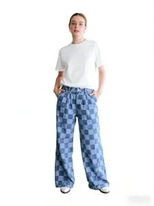 Women's Checkered Pattern Wide-Leg Denim Pants High-Waisted Pleated Relaxed-Fit Flattering Silhouette Unique Checkered Pattern Roomy Side Pockets Soft Durable No-Stiff Discomfort for Daily Errands Coffee Dates Casual Chic Outfits