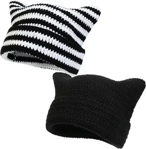 【2026 Vintage 】Y2K Style Beanie Warm Winter Hats, Soft Knit Lazy Beanie for Women Men, Cat Ear Beanie, Slouchy Beanies for Women  Men, Warm Striped Crochet Hats for Cold Weather, Unisex Slouchy Design for Winter Adventures and Holiday Photos