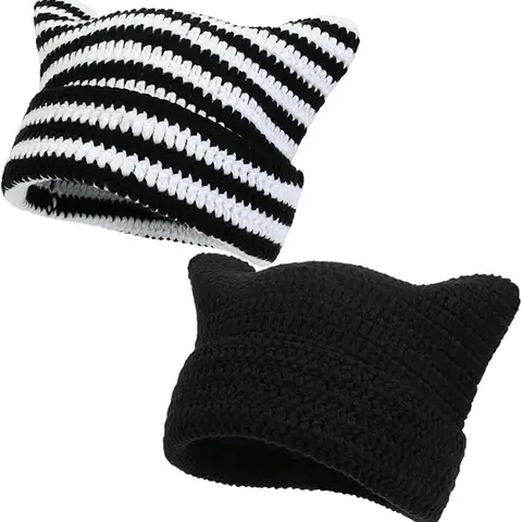 Unisex 2026 Vintage Y2K Knitted Winter Hat - Soft Slouchy Cat Ear Beanie, 20.5"/52cm Wrinkle-Resistant Striped Crochet Hat, Warm Casual Accessory for Moms & Aunts, Cold Weather Adventures & Birthday Photos