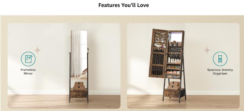 【Gift Idea】SONGMICS LED Mirror Jewelry Cabinet Standing, Lockable Jewelry Armoire with Full-Length Mirror, Space-Saving Jewelry Organizer with Mirror, Bottom Drawer, Christmas Gifts