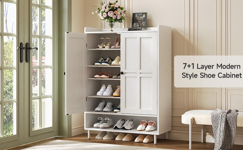 【18-24 Pairs & Adjustable Shelves】ONBRILL 7+1 Tier Farmhouse Shoe Storage Cabinet,  45'' Tall Modern Shoe Cabinet with Metal Legs, Shoes Rack Organizer Cabinet for Entryway, Front Door,Livingroom Bedroom Furniture, HolidayHaul,Christmas Gift