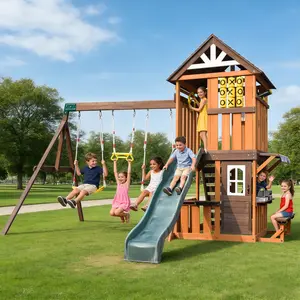 Cedar Wood Swing Set with Wave Slide Play Kitchen Rock Wall Ladder Belt Swings Toy Telescope Steering Wheel Tic-Tac-Toe Balconies Outdoor Playhouse Playground Set for Backyard Garden