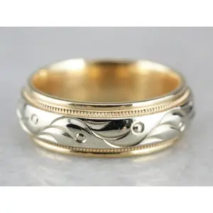 Yellow and White Gold Patterned Wedding Band
