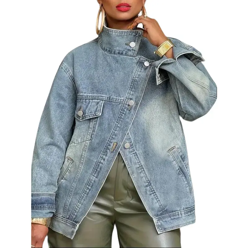 Women's Trending Vintage Washed High Neck Asymmetric Button Loose Polyester Denim Jacket - Roll-Up Sleeves, Street Style, Versatile Top for Spring, Autumn