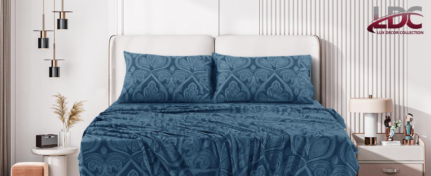 Lux Decor 4-Piece Paisley Bed Sheet Set - King Size Sheets with 16" Deep Pockets - Queen Size Polyester Sheet Set - Soft, Wrinkle Resistant, Hotel Luxury Bedsheet Set Lux Decor 4-Piece Paisley Bed Sheet Set - King Size Sheets with 16" Deep Pockets - Queen Size Polyester Sheet Set - Soft, Wrinkle Resistant, Hotel Luxury Bedsheet Set