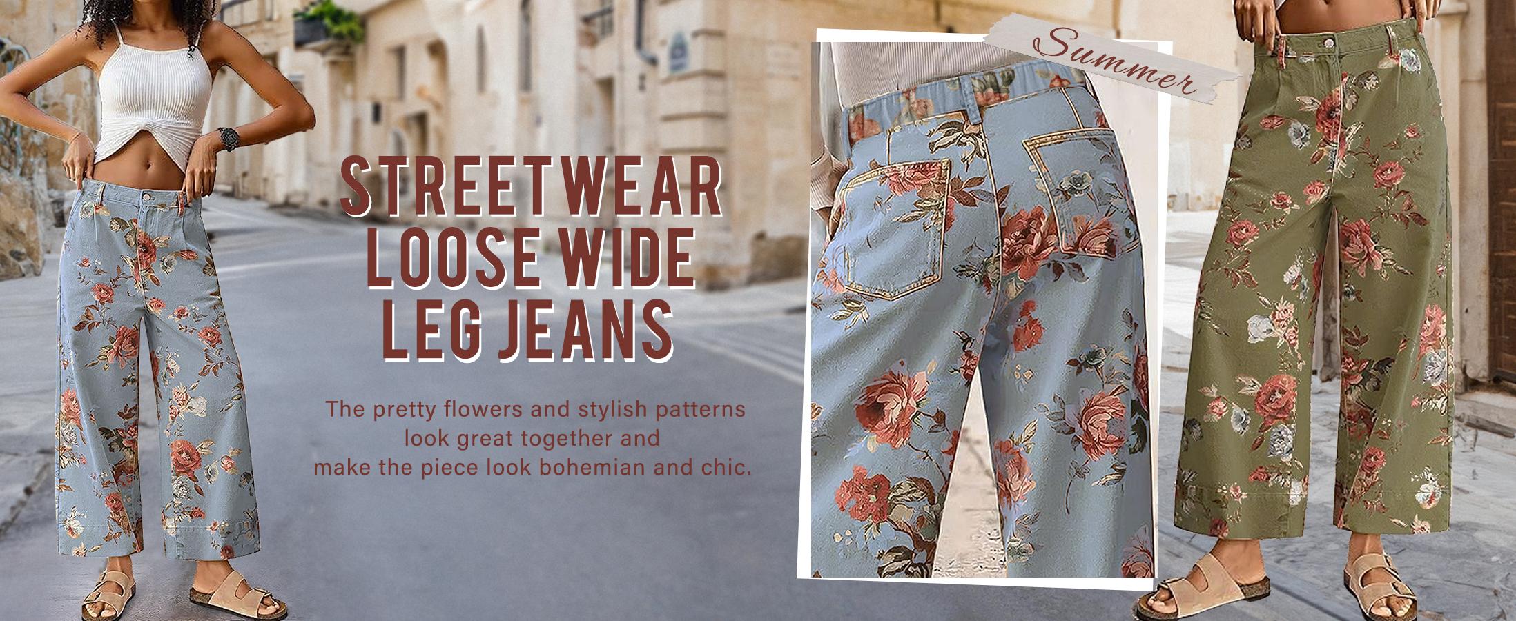 Chouyatou women's mid-rise floral print cropped jeans bohemian loose wide-leg jeans SpringStatements Chouyatou women's mid-rise floral print cropped jeans bohemian loose wide-leg jeans SpringStatements