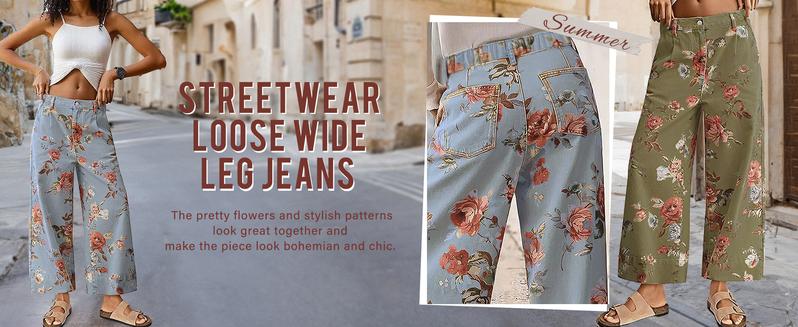 Chouyatou women's mid-rise floral print cropped jeans bohemian loose wide-leg jeans