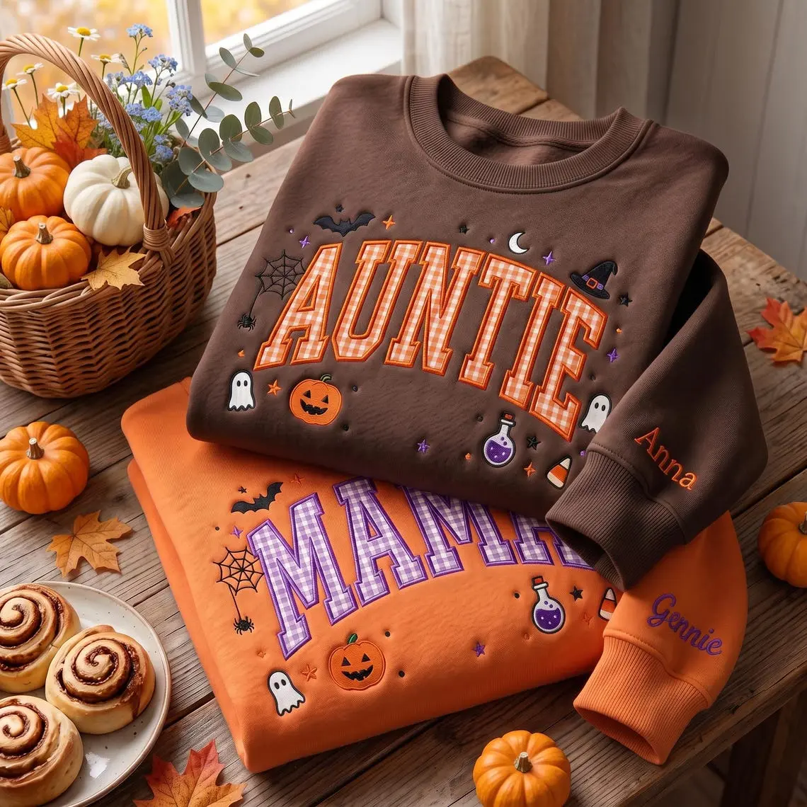 Women's Soft Round Neck Casual Hoodie Top - Custom Name Sleeve Embroidery, Applique Gingham Design, Fabric Pattern Option, Halloween Mama-Aunty Piece, Unisex Everyday Wear