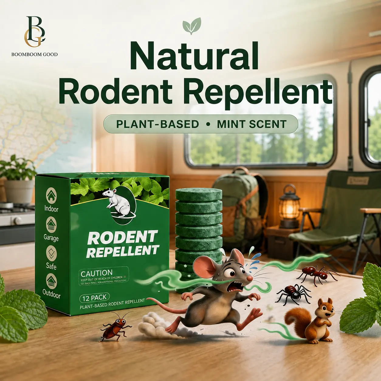 Natural Rodent Repellent Tablets, Plant-Based Fresh Mint Scent Mouse & Rat Deterrent for Indoor, Garage, Car, RV, Storage & Outdoor Use, 12 Pack