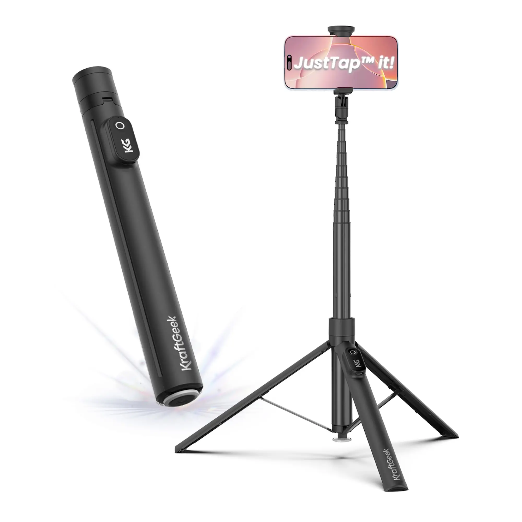 KraftGeek JustTap Tap-to-Open Bluetooth Mobile Tripod - Camera Stabilizer, Travel Tripod, Selfie Stick, Vlogging Equipment for iPhone, Enhanced Video Capture Travel Gadget