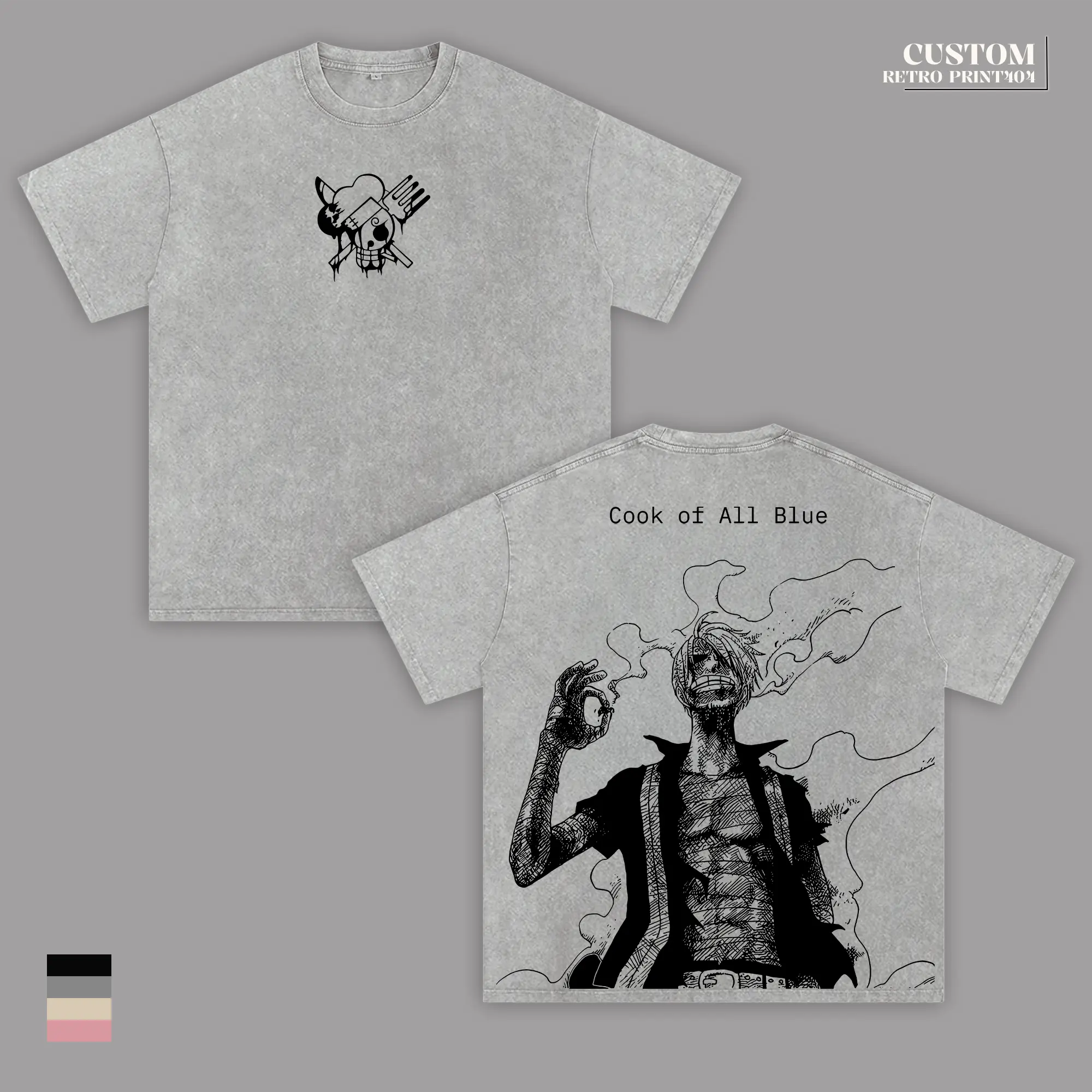 Sanji One Piece Vintage Acid Washed Oversized T-Shirt – Double Printed Black Leg Anime Graphic Tee, Lightweight Cotton Straw Hat Pirate Manga Streetwear Gym Shirt Unisex OP Fan Gift Merch Apparel