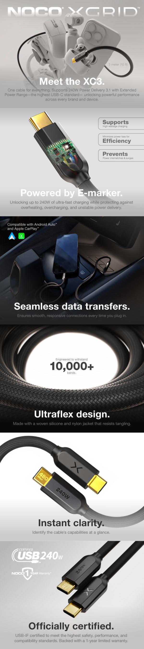 NOCO XGrid XC3: 240W USB-C to USB-C Cable – USB-IF Certified, E-Marker Chip, 480Mbps Data – 10 Foot