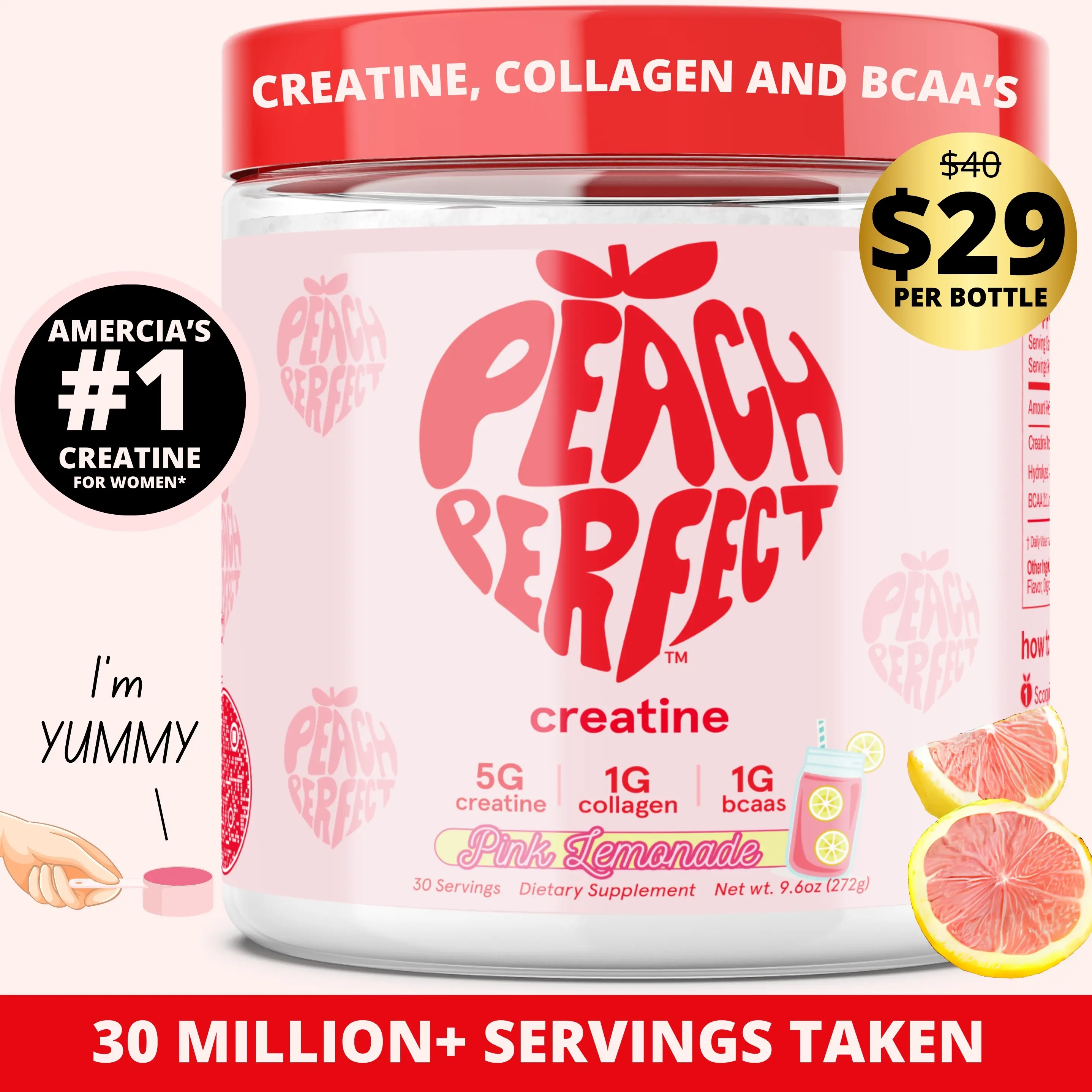 Peach Perfect Creatine Monohydrate Powder, Creatine for Women with Collagen, BCAAs, 5g Vegan Micronized Creatine per Serving, for Energy, Performance, 30 Servings Supplement Muscle