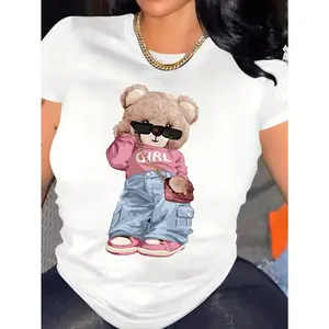 Stylish Cartoon Bear Crew Neck T-Shirt - Women'S Casual Spring/Summer Tee - 100% Polyester Knit Fabric, Regular Fit, Fashionable Graphic Print, Comfortable Wear For Outdoor Activities