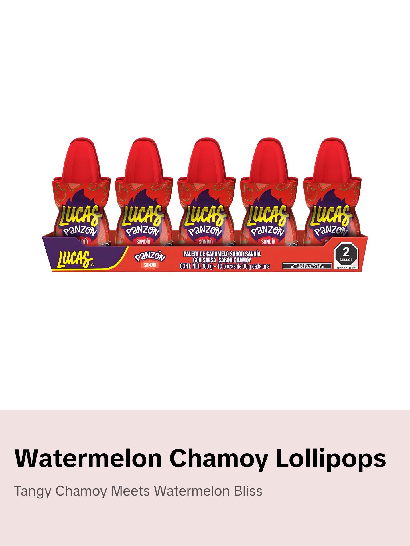 Lucas Panzon Watermelon Flavored Lollipop Candy with Chamoy Liquid (10 Count), Sweet, Savory, Mexican Candy, Dulces Mexicanos Snack Candies Tangy