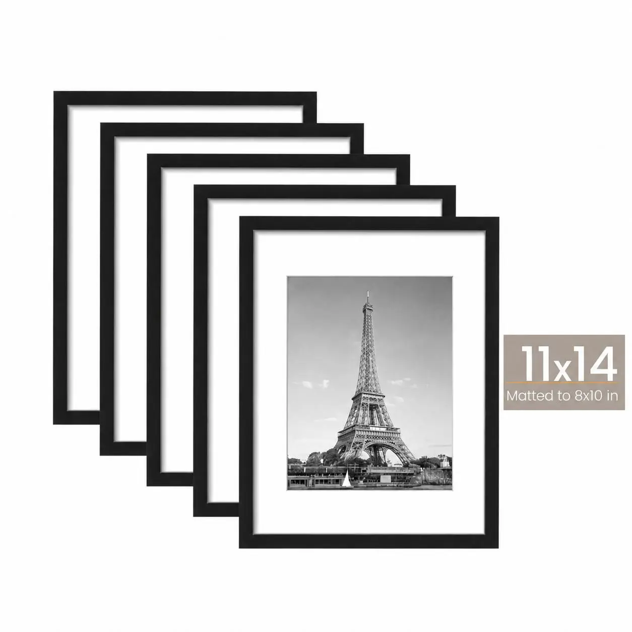 11x14 Picture Frame Set of 5, Perfect for Couples & Families, Display Pictures 8x10 with Mat or 11x14 Without Mat, Wall Gallery Photo Frames, Black Decor Plastic Light Bulk