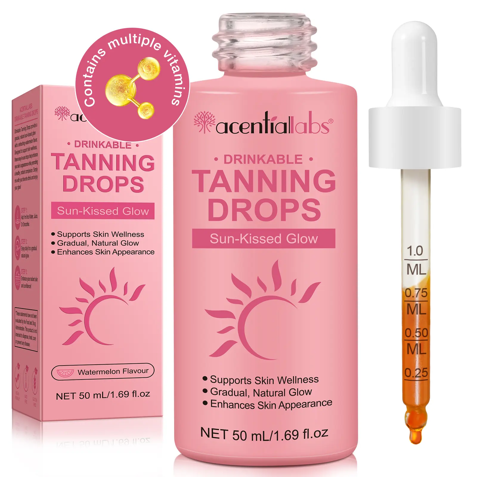 Acentialabs Drinkable Tanning Drops for a Gradual Golden Sun-Kissed Glow, Vegan Self-Tanners for Face & Body with Watermelon Flavor & Antioxidant Boost, 50ml, Body Care