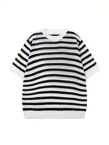 Spring/Summer Unisex Casual Sweater Crewneck Short Sleeve Pullover Lightweight Knit Striped Colorblock Men’s & Women’s Style European/American/Japanese/Korean, Fashion, Knitted