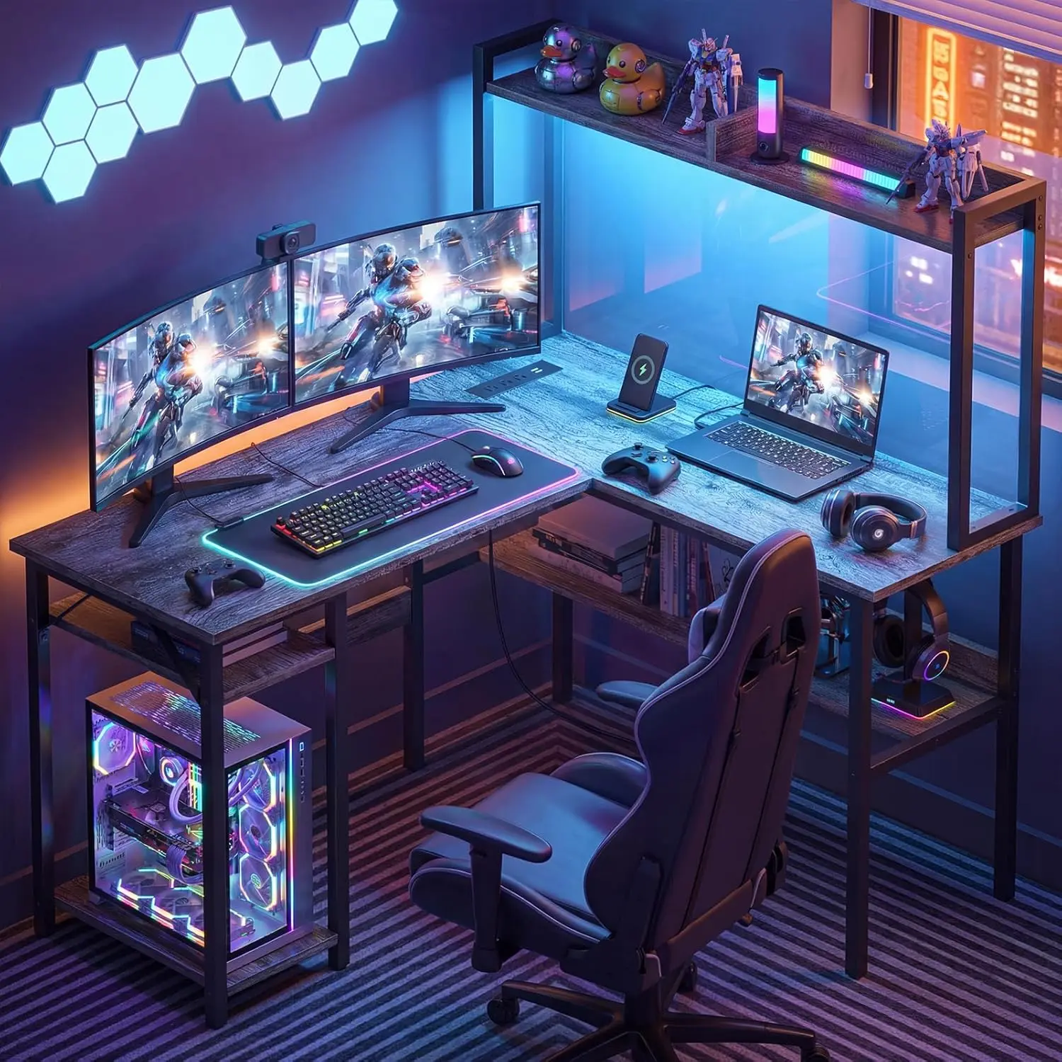 47'' Modern Reversible L-Shaped Gaming Desk with LED Lights, Power Outlets, Tall Hutch, Storage Shelves & Engineered Wood Host Bracket, Corner Computer Desk, Home Office Furniture