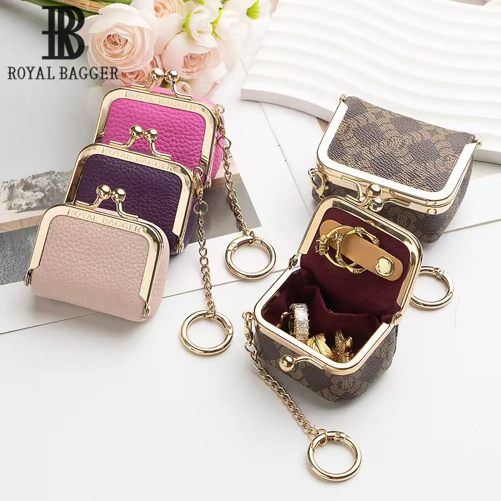 RoyalBagger Genuine Leather Mini Coin Purse - Solid Color Kiss Lock Change Pouch, Women's Casual Everyday Purse with Leather Cardholder, Wallet Accessories, Gifts for Women 1894