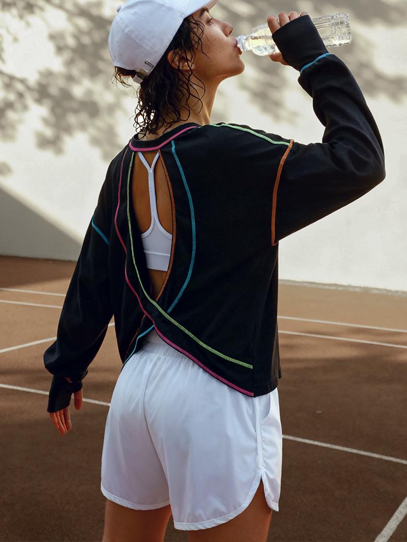 Popvil Cotton Open Back Workout Loose Fit Shirt, Neon Stitching, Soft & Light-weight Activewear, Gym Shirt, Thumb Hole Sports Shirt, Moisture-Wicking Running Shirt