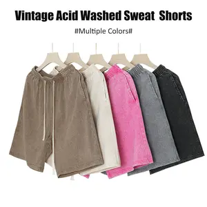 5 Colors Shorts for Men Gym Vintage Heavyweight Shorts Cotton Workout Acid Wash Baggy Shorts, Cotton Elastic Waist Drawstring with Pockets Streetwear Athletic Sweat Shorts