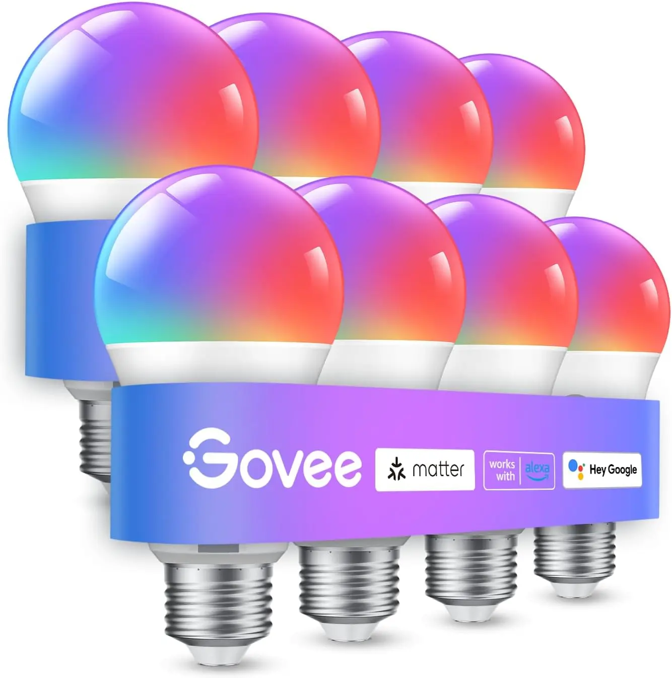 Govee Smart Light Bulbs, A19 LED Light Bulb, 800 Lumen, 8 Pack | Works with Matter Alexa & Google Assistant, RGBWW Color Changing Light Bulb, Music Sync, WiFi & Bluetooth Connection