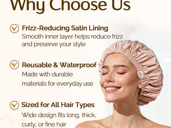 Yanibest Shower Cap for Women Reusable Waterproof,Satin Lined Bath Cap with Soft Elastic Band,Large Washable Hair Caps for Shower