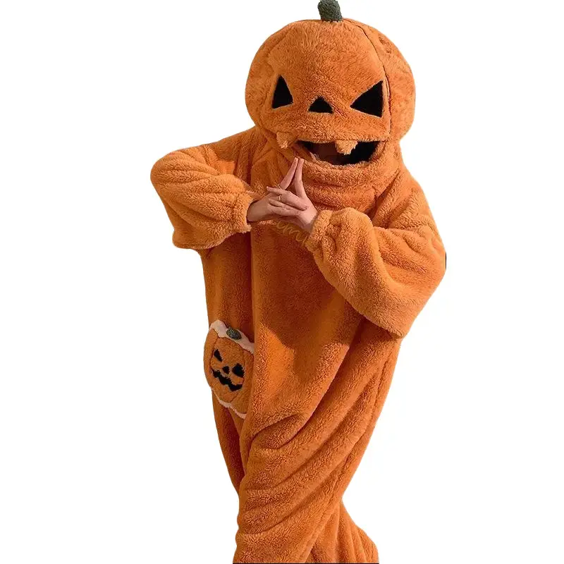 Women's Thick Smooth Fleece Halloween Onesie - Hoodie with Zipper, Cute Cartoon Pumpkin Pyjama Jumpsuit, Perfect Trick-or-Treat Costume & Slip Loungewear, Long Sleeve, Nightwear, Fit, Print, Loose