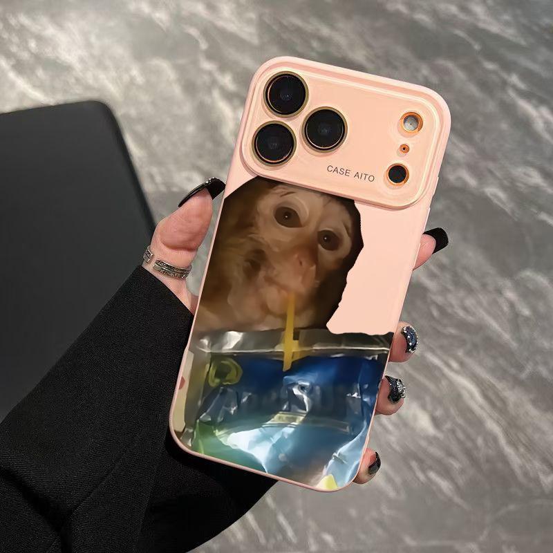 Funny Monkey Drinking Water Case for iPhone 17 Pro Max 17Air 17 16E 16 15 14 13 12, Ultra Skin-Friendly TPU, All-Inclusive Glass Lens Protection, Aesthetic Creative Animal Gift, Dopamine Ins Style Fun Cover, Shockproof Slim Case, Lens Window Design
