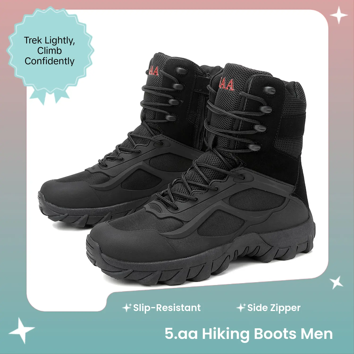 5.AA Men's Tactical Hiking Boot, Lightweight All-Terrain High-Top Hiking Style Shoes with Side Zipper, Slip-Resistant for Trekking & Camping, Trekking Camping Shoes, Rubber, Male, Rock Climbing, Synthetic, Mountaineering, Men's Shoes