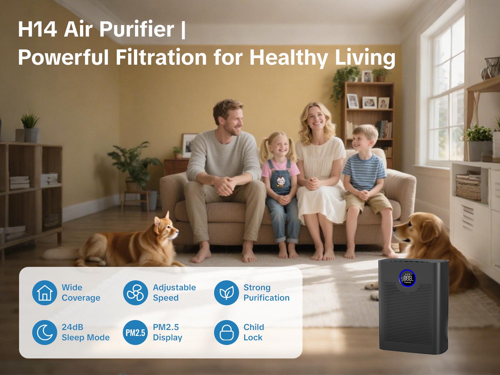 Cobectal H14 True HEPA Air Purifier - Model ZQA-8000A | Super Quiet Air Cleaner for Bedroom, Office, Large Room | 24/7 Auto Mode, PM 2.5 & Air Quality Sensor, Allergen & Pollen Relief, Home Essentials