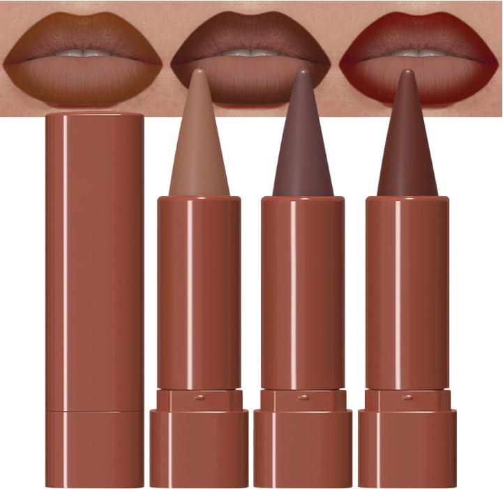 3Pcs Warm Brown Maroon Dark Wine Red Gradient Matte Lipstick Lip Liner Crayon Combo Pencil Set for Women Long Lasting, Cream Lip Liner and Lipstick Combo Makeup，Flawless Gradual Ombre Effect