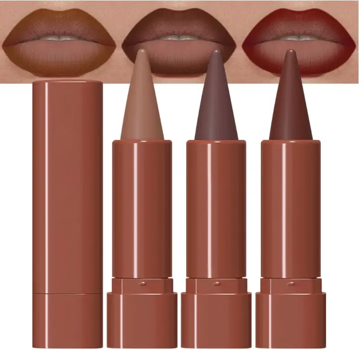 3Pcs Warm Brown Maroon Dark Wine Red Gradient Matte Lipstick Lip Liner Crayon Combo Pencil Set for Women Long Lasting, Cream Lip Liner and Lipstick Combo Makeup，Flawless Gradual Ombre Effect