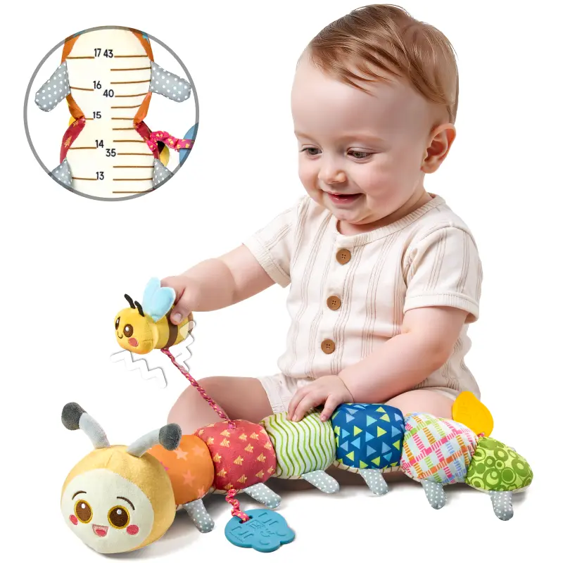 TUMAMA Unisex Bright Polyester Caterpillar Plush Sensory Toy with Teether, Crinkle Paper, Rattles & Height Measure for 0-12M+ Newborn Infants (Great for Play), Rustle Sounds, Vibrating Bee, Stuffed Toy, Children Development