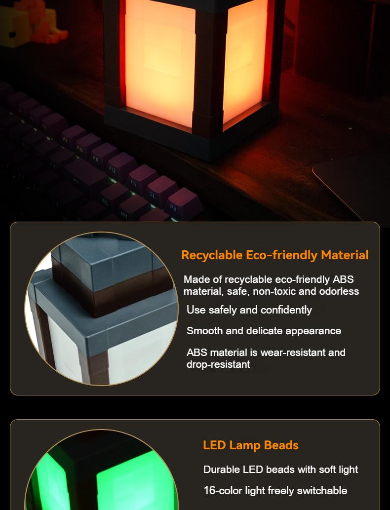 DIY Pixel Lantern Night Light 16-Color RGB USB-C Rechargeable Remote Control Four Modes Gamer Bedroom Decor Unique Birthday Gift Christmas Lights Supplies