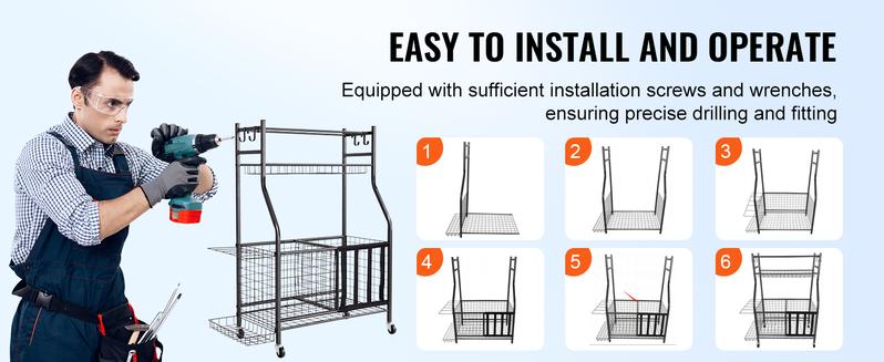 VEVOR Ball Sports Equipment  Garage Organizer, TikTokShopBlackFriday, Rolling Ball Storage Cart on Wheels, Basketball Rack with Baskets & Hooks, Indoor/Outdoor Sports Gear and Toys Storage, Steel Sports Equipment Organizer