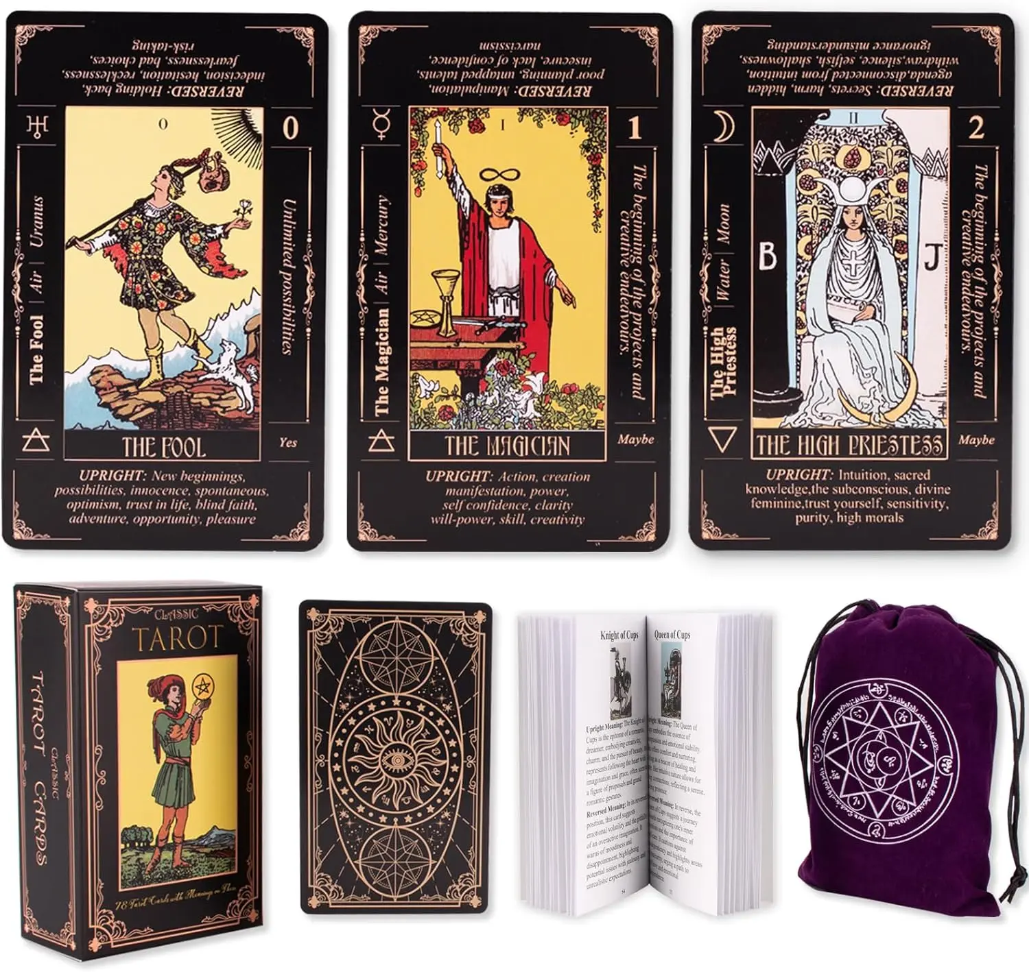 Tarot Cards for Beginners, Classic Tarot Deck with Meanings, Durable Cards with Guide Book, Black