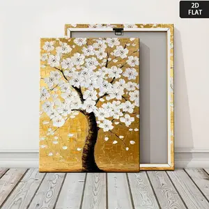 2D Flat, A 2D wooden frame painting white cherry blossom tree white flowers Golden background painting The artwork is very suitable for decoration in office building corridors and home living rooms.	