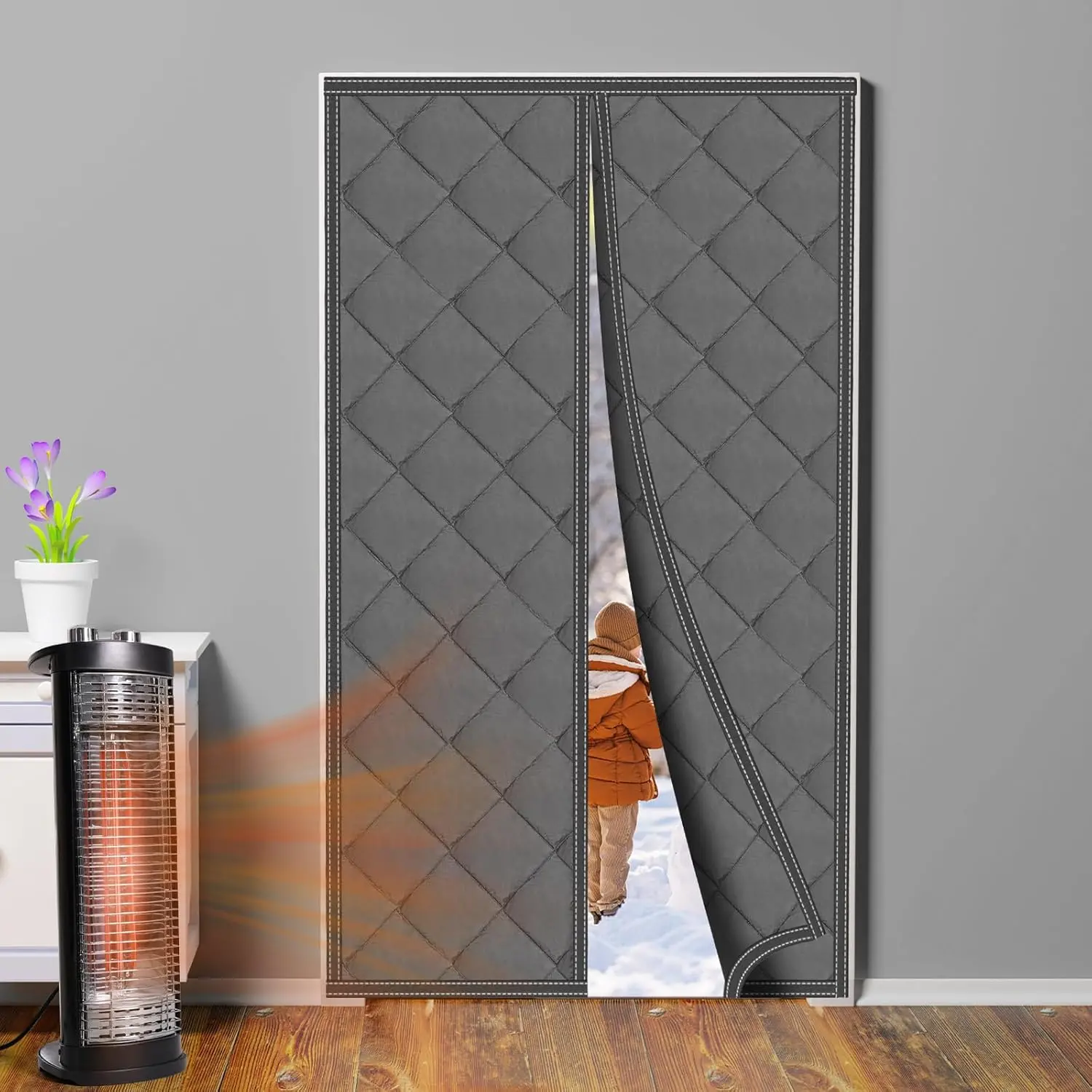 Magnetic Thermal Insulated Curtain Fit 32'' x 80'' Oxford Waterproof Filled with Thicken Cotton, Windproof Insulation Cover for Winter/French/Patio/Sliding Glass Doors, Gray