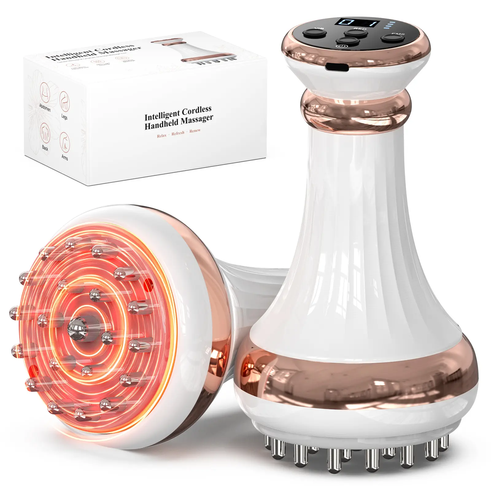 Lymphatic Drainage Massager & Anti-Cellulite Massage Tool, Body Sculpting Device for Arms, Legs & Stomach, Supports Smoother Skin, with Gentle Warming & Vibration, White