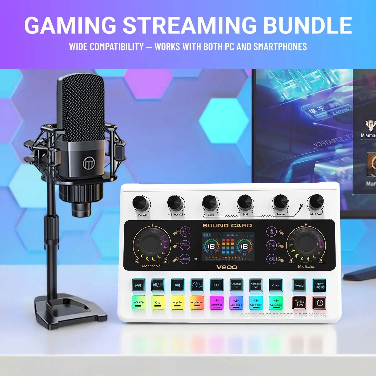 ZealSound V200 Adjustable Podcast Equipment Bundle - Content Creators' Kit with Condenser Microphone, Rechargeable Touchscreen RGB Voice Changer Audio Interface, Gaming Audio Mixer for Smartphone, iPhone, Mac, PC, Ideal for Recording, Streaming Setup, Led
