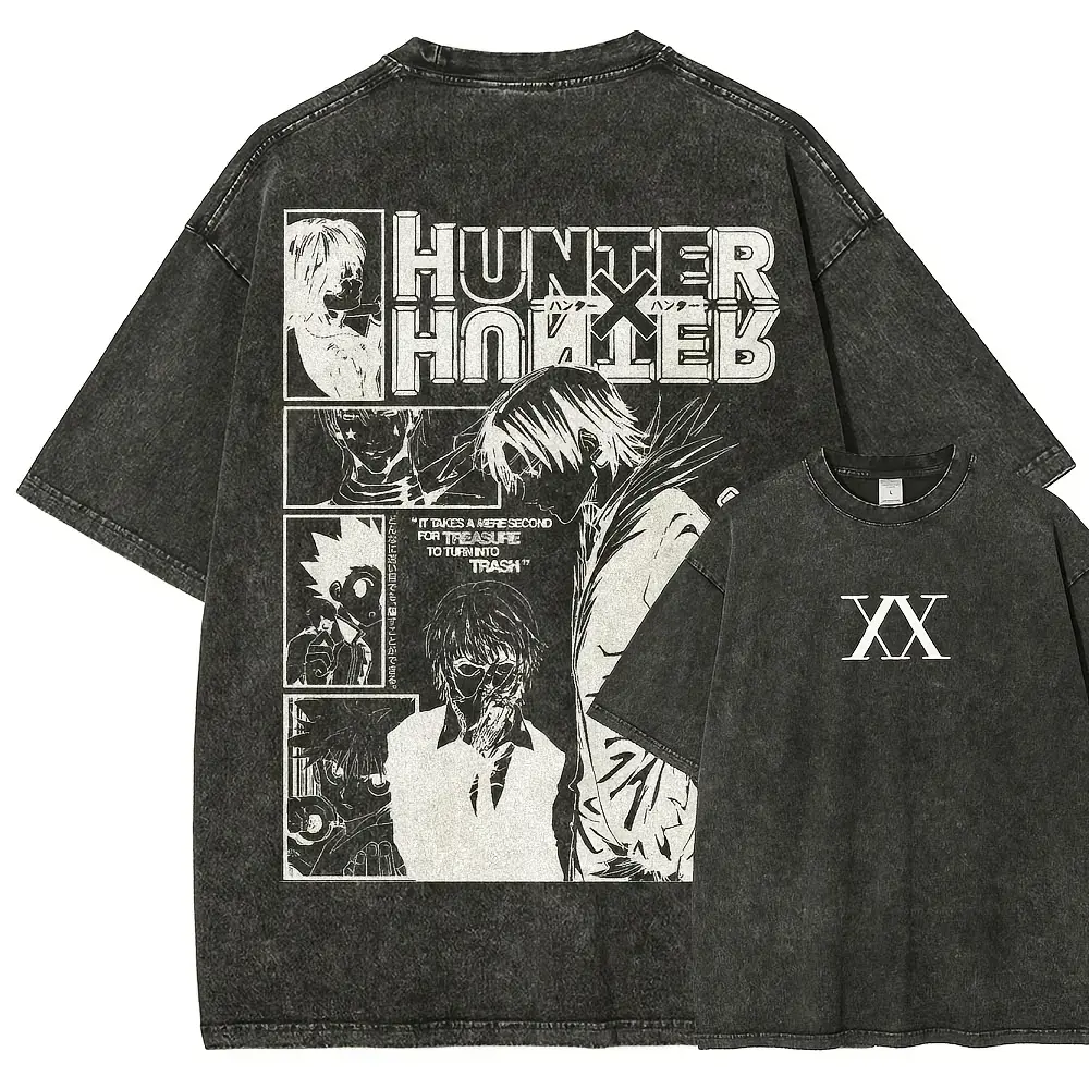 Hunter x Hunter Vintage Washed Graphic Tee - Men's Fitted Short Sleeve Casual Streetwear Shirt. Everyday Unisex Anime Outfit & Manga Merch. Perfect HxH Fan Gift