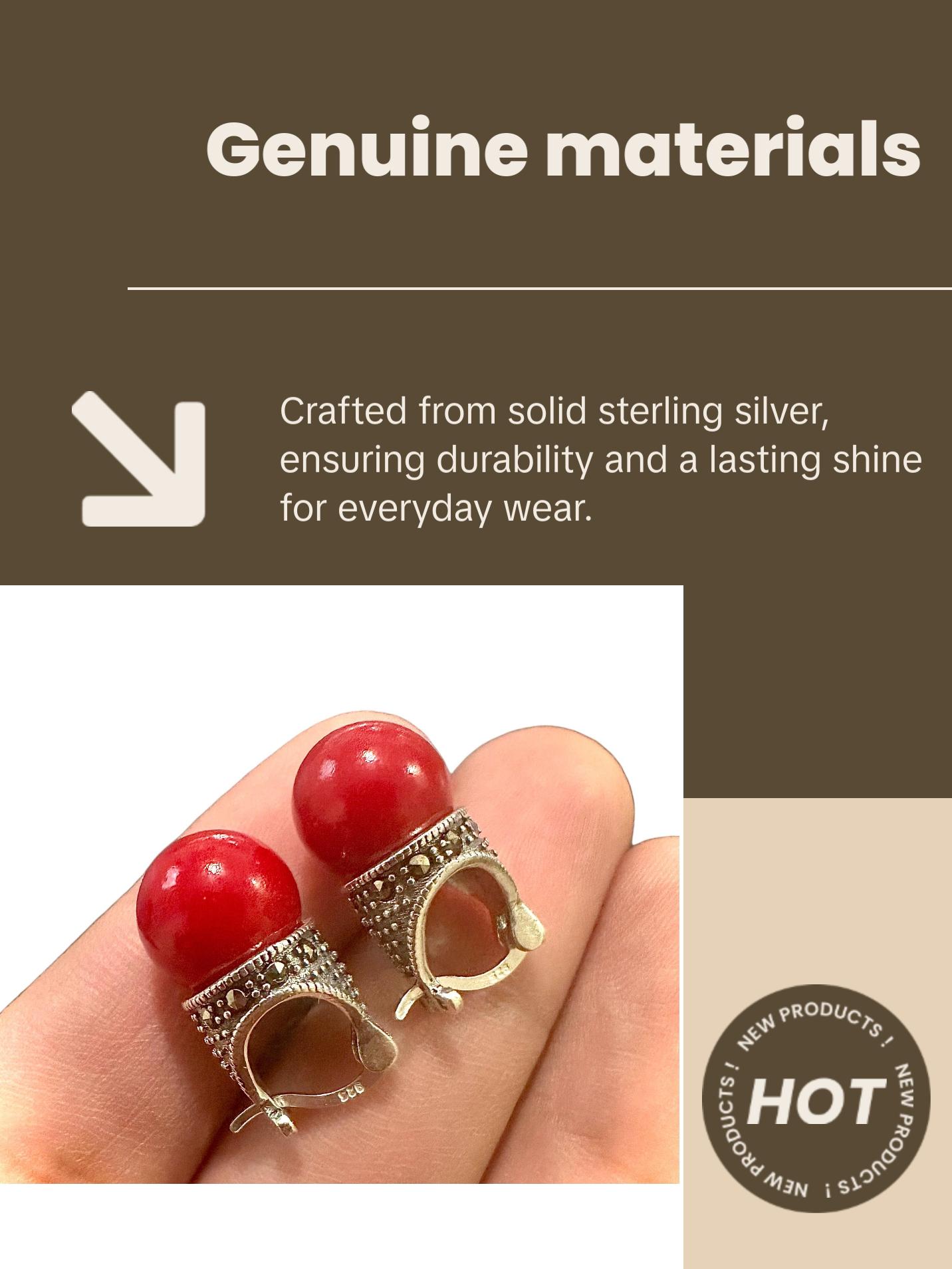 Marcasite Red Pearl Studs 925 Sterling Silver Birthstone Earrings