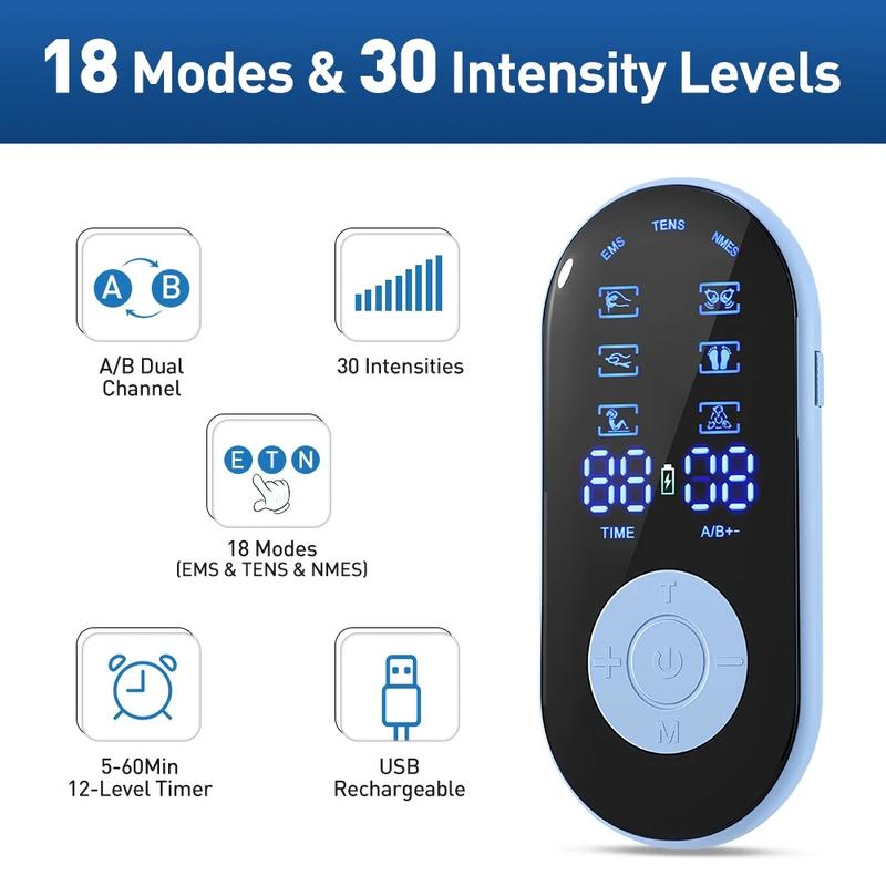 All-Round Muscle Relaxation, Long-Lasting 40-Hour Battery, Body Pulse Massager Portable Electric Stimulators 6 Timed Modes and 10 Massage Patterns with Reusable 8 or 4 Pads TENS EMS Unit for Back, Shoulder, Neck, Sciatica Massage, for Daily Comfort