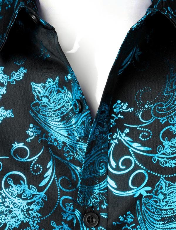 ZEROYAA Men's Luxury Paisley Shiny Printed Slim Fit Short Sleeve Button Up Dress Shirt