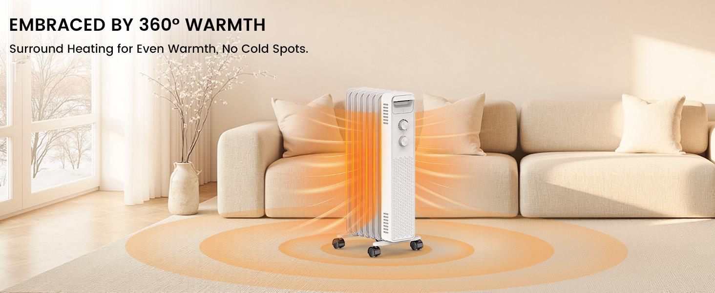 R.W.FLAME Oil Filled Radiator Heater,1500W Portable Electric with 3 Settings Adjustable Thermostat, Overheat Protection ,Quiet for Indoor Bedroom,Office, Wheels Handle Mobility, 7 Fins
