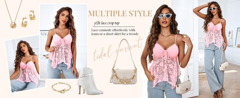 Avidlove Lace Bralette Crop Top for Women Y2k Cami Tank Top with Adjustable Spaghetti Straps & Elastic Mesh Lace Comfortable Casual Lingerie Bustier