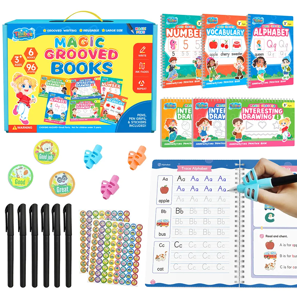 [BackToSchool]Tibibee 6 Magic Groove Kids' Early Learning Writing Practice Set (Ages 3-8) - Deep Tracing Grooves, Disappearing Ink Pens,Grips,Phonics Chart - Playroom,Toddler/Preschool/Homeschool Activities,Solar System Element,Reusable Busy Workbook Gift