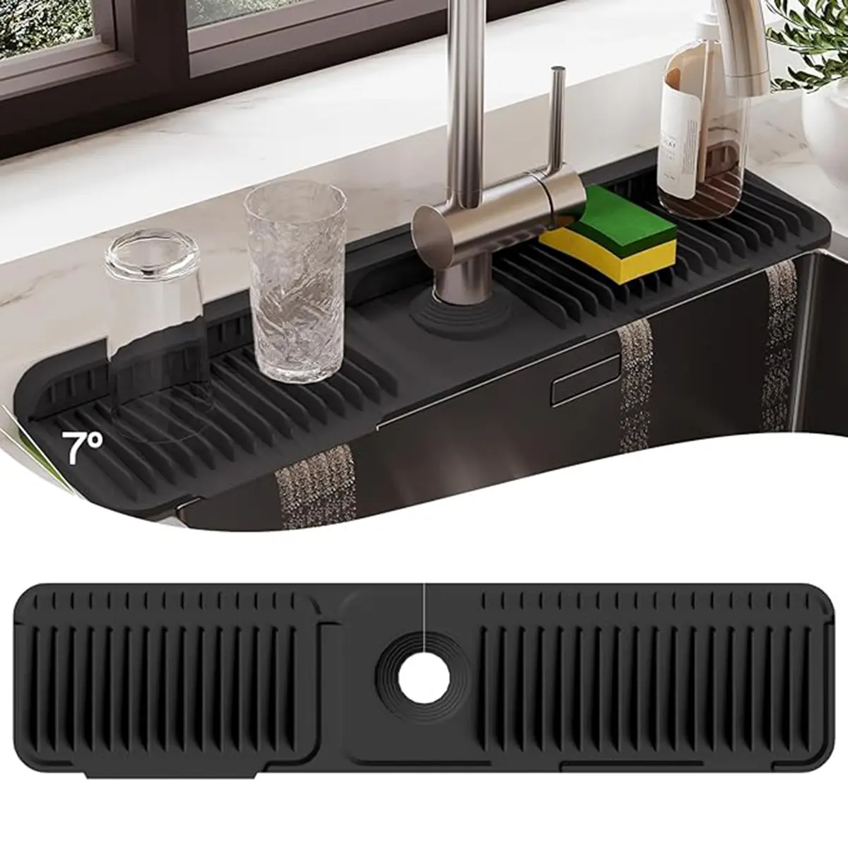 24 Inch Longer Faucet Mat for Kitchen Sink, 5° Slope Fast Self-draining, Kitchen Sink Splash Guard Silicone Sink Faucet Mat Splash Guard Kitchen Sink Area Tidy Splash Faucet Guard Draining Mat